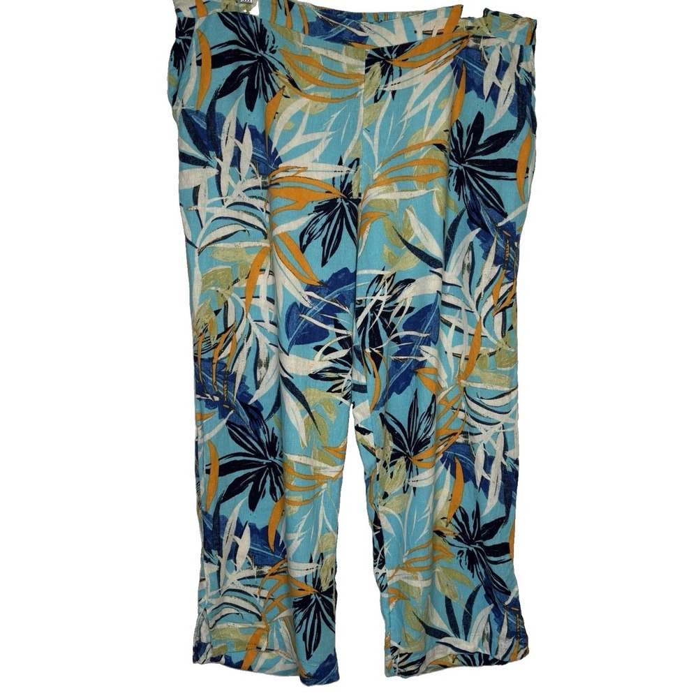 Naturals D &Co Pants Petites XLP Turquoise Tropical Floral Linen Blend Wide Leg